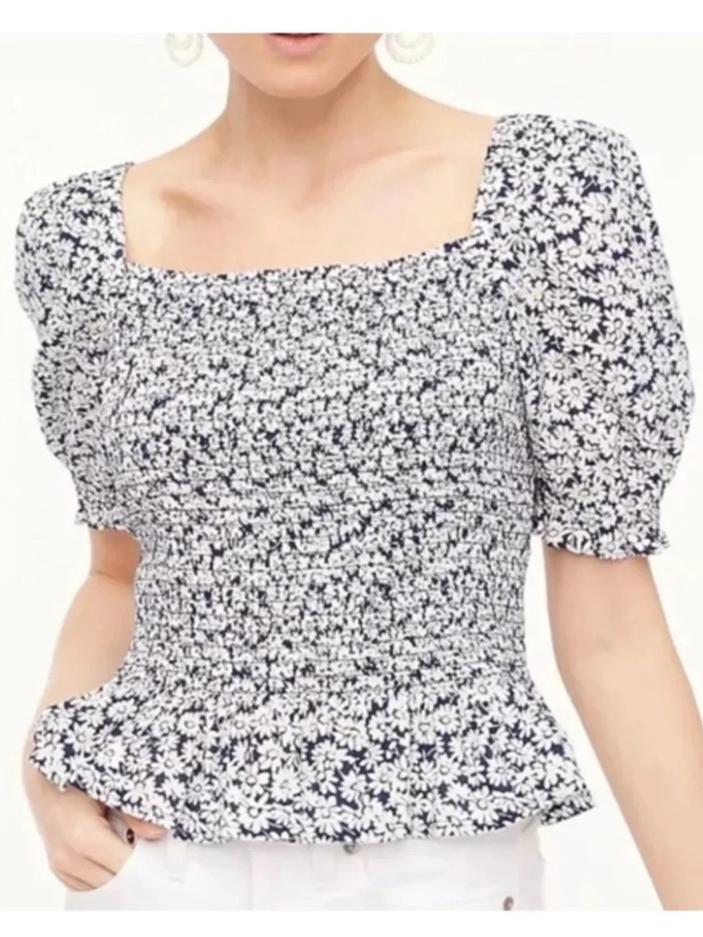 3/$20! J. Crew Navy and White Floral Smocked Square-Neck Top